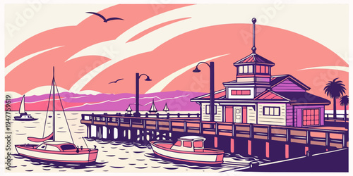 A pier with a building and boats at sunset Vector
