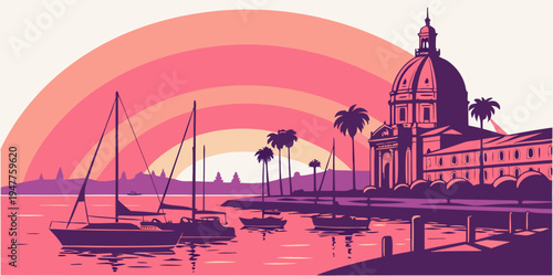 A pink and purple illustration of a building by a body of water Vector