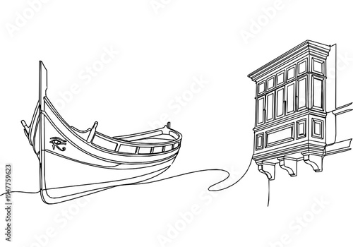Traditional Luzzu Boat and Maltese Balcony Monoline Background