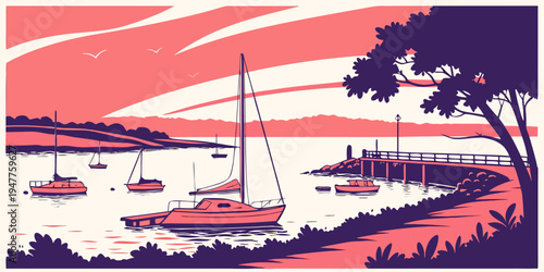 A serene harbor scene with sailboats and a tree Vector
