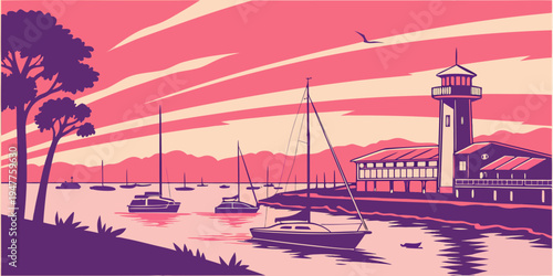 A serene harbor scene at sunset with boats and palm trees Vector