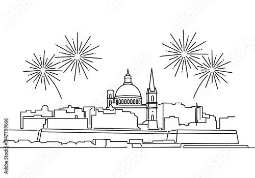 Minimalist Monoline New Year Background with Valletta Skyline and Fireworks
