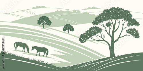 A green illustration of horses and trees on a hill Vector