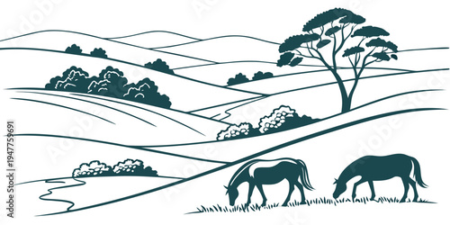 Two elephants grazing in a savannah landscape Vector
