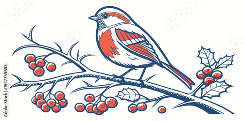 A small bird perched on a branch with red berries Vector