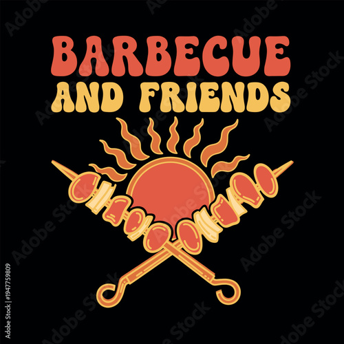 Barbecue and Friends text logo with shish kebabs for t-shirt printing — social gathering, summer cooking and group bonding for food, lifestyle and branding content