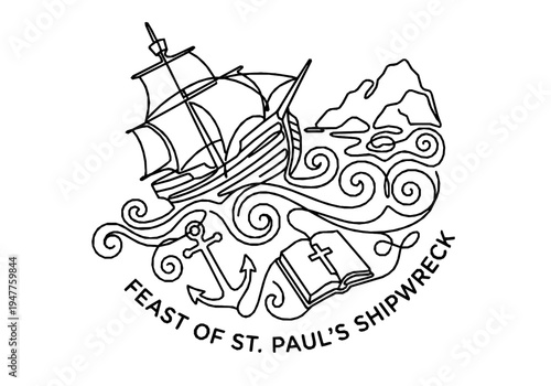 Historical Shipwreck Monoline Background with Anchor and Waves