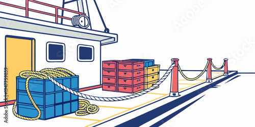 A dock with crates and a building Vector