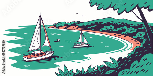 Sailboats on a green body of water near a tree lined shore Vector