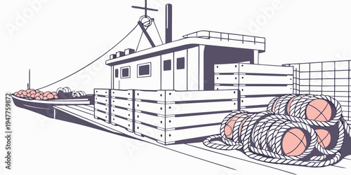 A large boat with a cabin and a cargo of logs Vector
