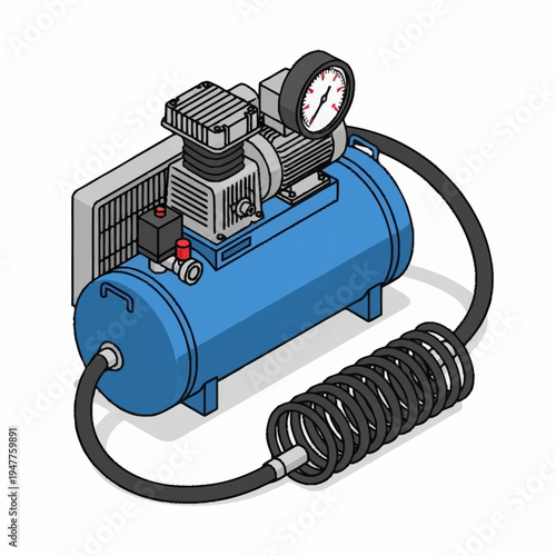 A blue air compressor with hose.