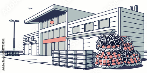 A large warehouse with a stack of pallets outside Vector