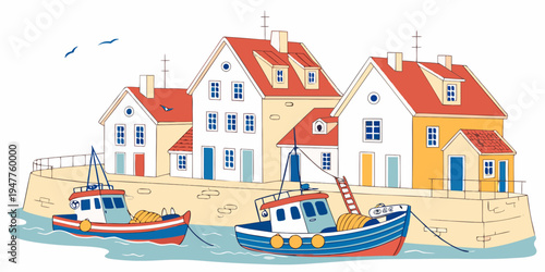 A colorful illustration of a seaside village with boats Vector
