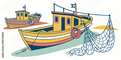 A yellow fishing boat with a net on the side Vector