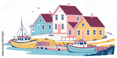 A colorful illustration of a small coastal village with boats and houses Vector