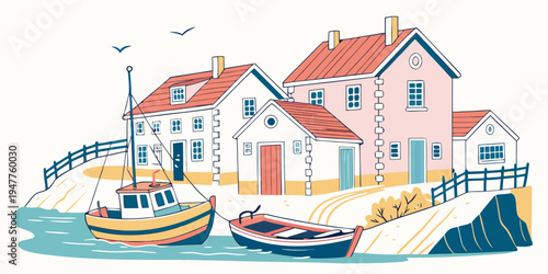 A small harbor with colorful boats and houses Vector