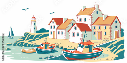 A small coastal village with boats on the shore Vector