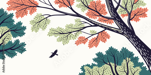 A tree branch with colorful leaves and a small bird flying by Vector