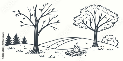 A person sitting on the ground in a rural landscape with trees Vector