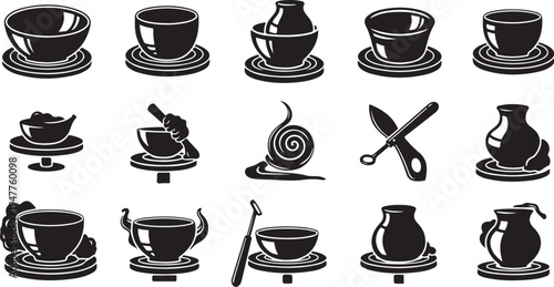 Black and white tea cup icons with saucers collection
