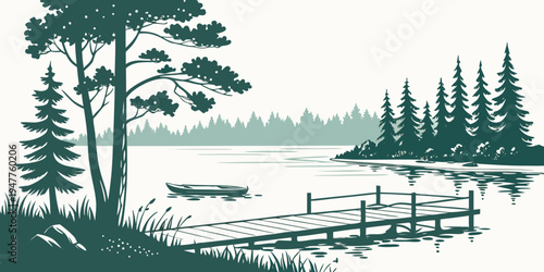A serene lake scene with a wooden dock and trees Vector