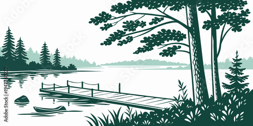 A serene lake scene with trees and a dock Vector
