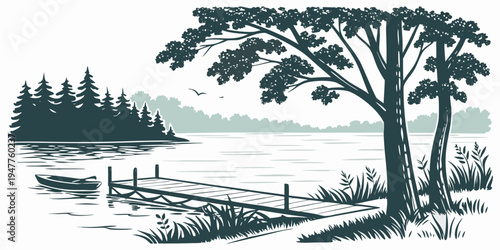 A serene lake scene with trees and a fence Vector