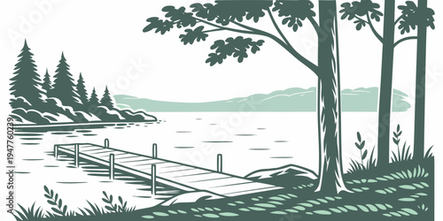 A serene lake scene with trees and a fence Vector