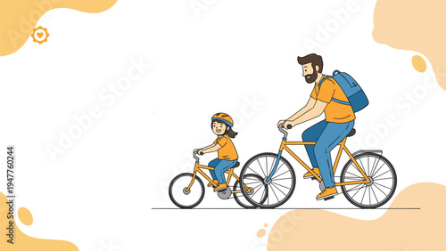 Happy father and his young daughter riding their bicycles together on a sunny day wearing safety helmets and casual clothing in a park.