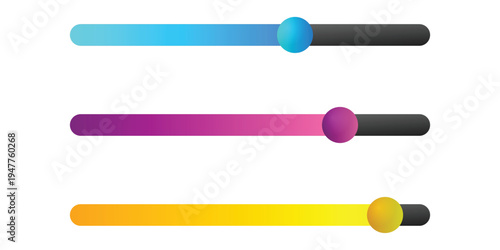 A colorful graphic design featuring three horizontal progress bars with vibrant gradients and circular indicators