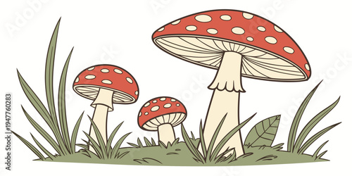 A group of red and white mushrooms Vector