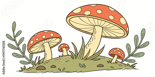 A group of mushrooms on a grassy hill Vector