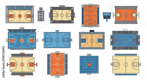 Overhead View of Various Basketball Court Designs and Layouts.