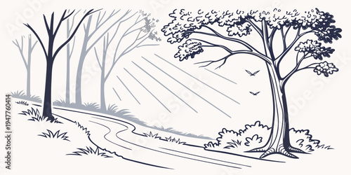 A serene landscape with trees and birds on a hillside Vector