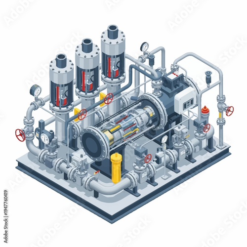 Isometric illustration of an industrial compressor unit with pipes and motors.