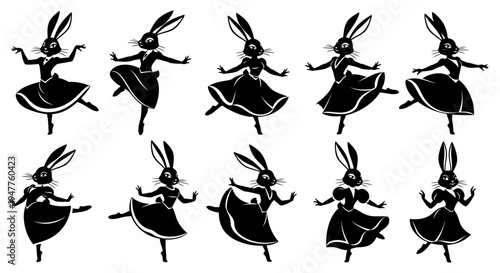 Collection of dancing rabbit silhouettes in various elegant poses, showcasing graceful movement and whimsical charm.