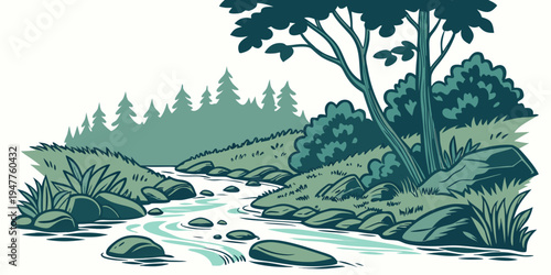 A stream runs through a forest with trees and bushes Vector
