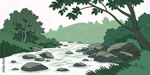 A serene river with rocks and trees Vector