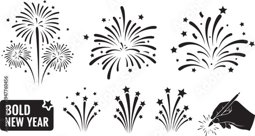 Black and white firework icons for new year celebration
