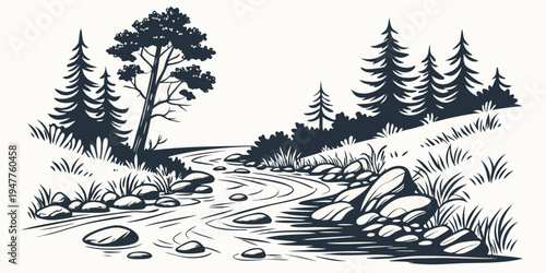 A serene forest landscape with a rocky stream Vector
