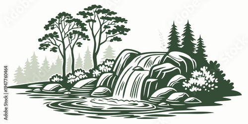 A serene waterfall cascading over rocks surrounded by trees Vector