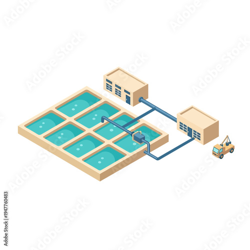 Isometric illustration of a water treatment plant with multiple rectangular basins and connected buildings, a truck nearby.