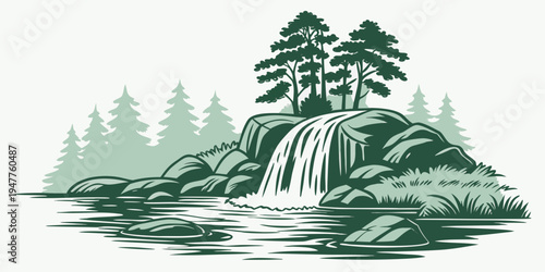 A serene waterfall cascading down a rocky hillside surrounded by trees Vector