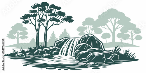 A rocky waterfall in a forest with trees Vector