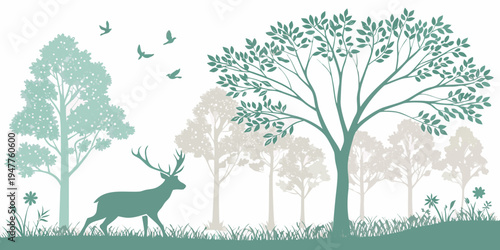 A deer and trees in a forest with birds flying overhead Vector