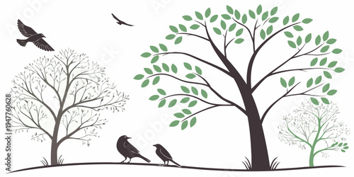 Birds flying and perched on trees with changing leaves Vector