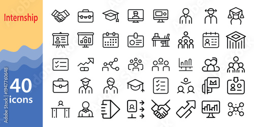 Internship and Career Development Line Icons Set – Job, Training, Recruitment and Office Workflow Vector Collection