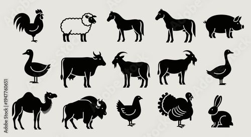Collection of various farm animals in silhouette form.