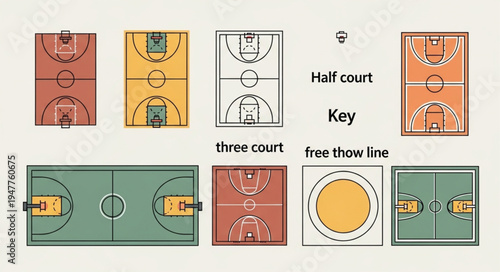 Diverse Basketball Court Layouts and Key Elements Illustration.