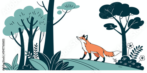 A fox is standing in the forest looking ahead Vector